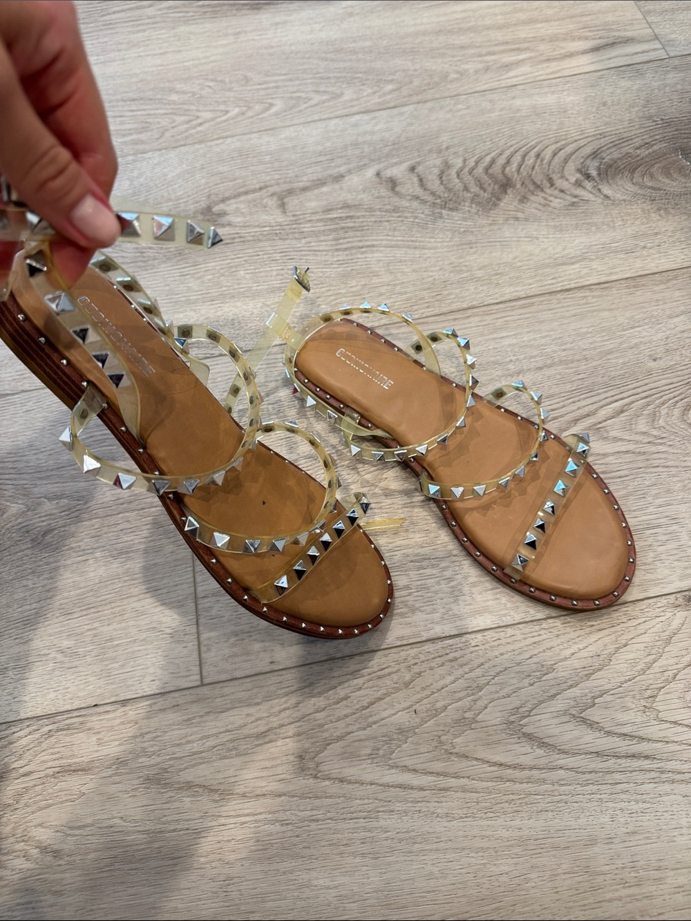 Studded Clear-Strap Women's Sandals in Tan